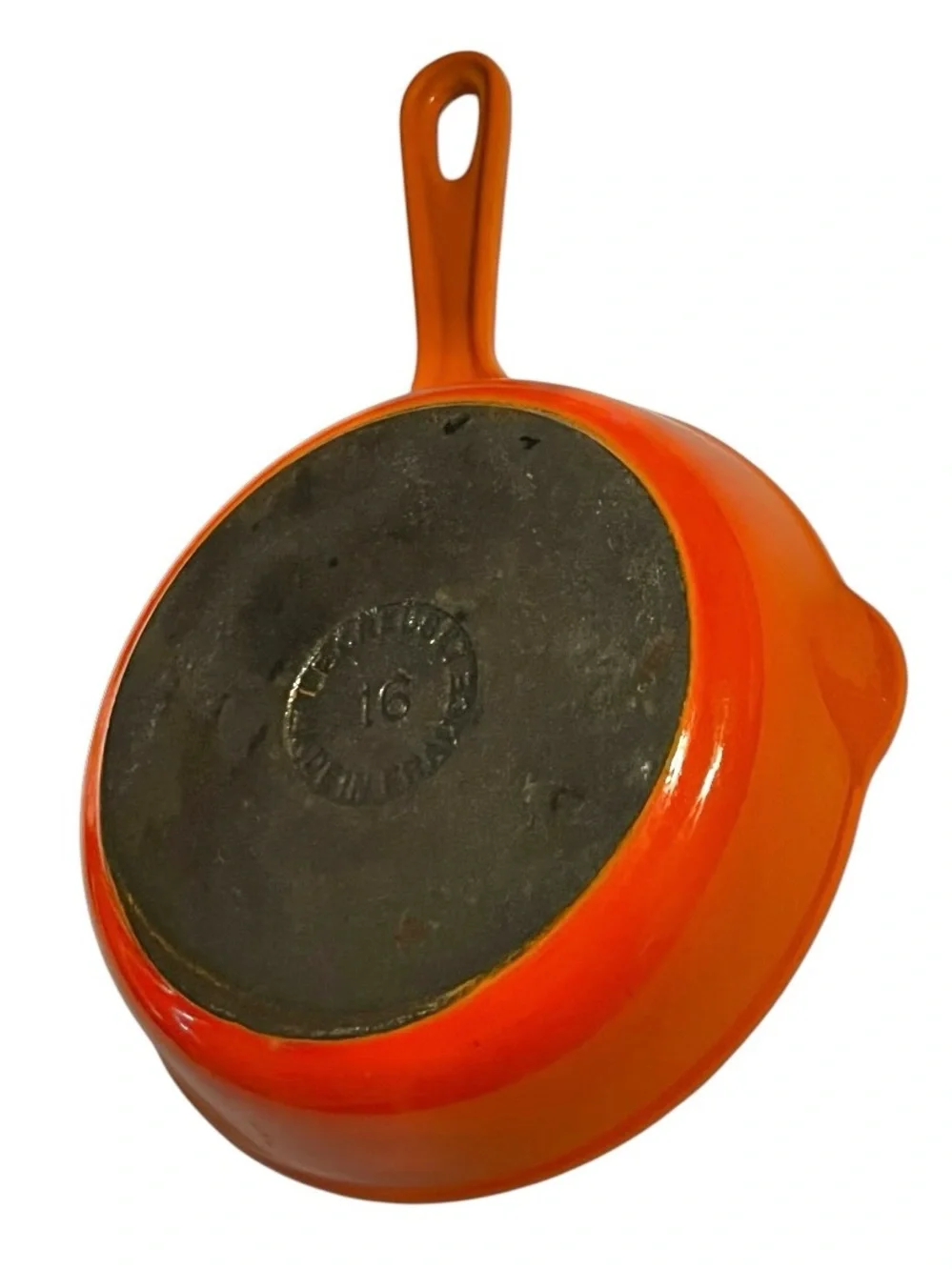 Le Creuset Orange flame Enamel Cast Iron Sm Skillet #16 France Double Spout 6”